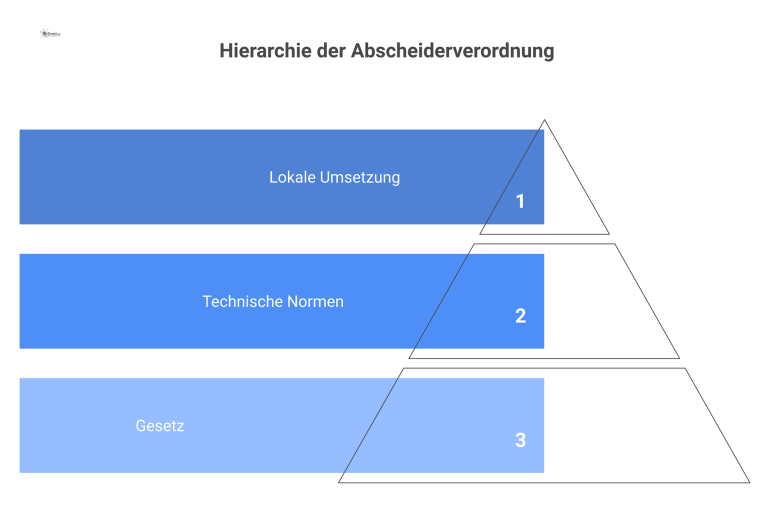 Hierarchie der Abscheiderverordnung Hierarchisches Diagramm der Abscheiderverordnung mit den Ebenen Gesetz (WHG), technischen Normen (DIN) und kommunalen Abwassersatzungen.
