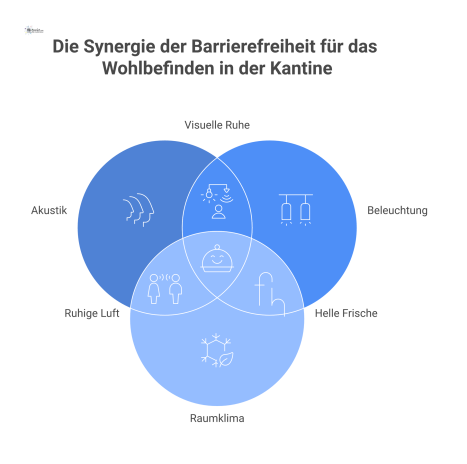 Infografik einer modernen Kantine, welche die drei Säulen der Barrierefreiheit visualisiert: Akustik, Beleuchtung und ein optimales Raumklima.