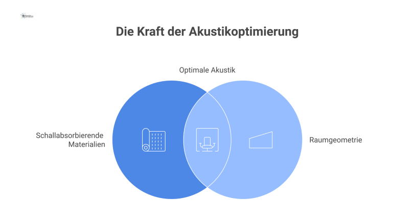 Isometrische Infografik zur Akustikoptimierung eines Raums mit schallabsorbierenden Deckenpaneelen, Wandverkleidungen und Böden zur Reduzierung von Schallreflexionen. 