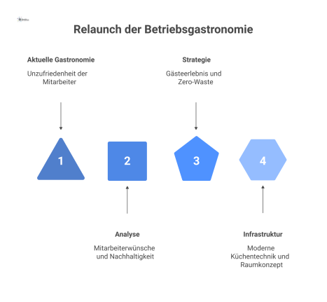 Infografik, die den Relaunch-Prozess einer Betriebsgastronomie in den drei Phasen Analyse, Strategie und Infrastruktur mit Icons darstellt.
