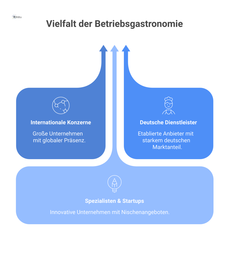 Ein Cluster-Diagramm, das den Markt für Betriebsgastronomie in internationale Konzerne, deutsche Dienstleister und Spezialisten unterteilt und deren typische Leistungen anzeigt. 
