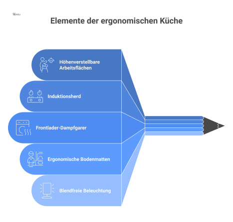  Infografik einer modernen Profiküche, die ergonomische Elemente zeigt: höhenverstellbare Arbeitsflächen, Induktionsherd, Dampfgarer, Bodenmatten und spezielle Beleuchtung.