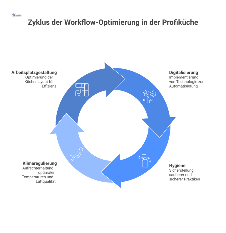 Workflow-Optimierung in der Profiküche Infografik zu vier Hauptbereichen der Workflow-Optimierung in einer Profiküche: Arbeitsplatzgestaltung, Digitalisierung, Hygiene und Klimaregulierung, dargestellt mit Symbolen.