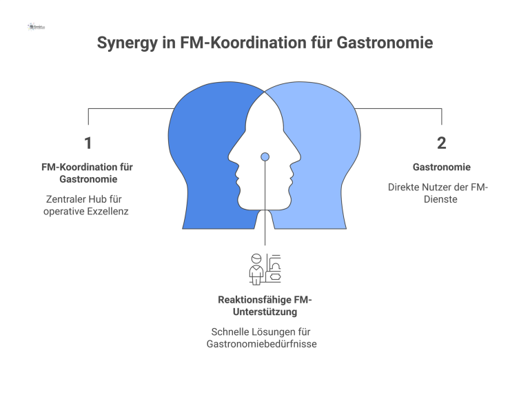 Mindmap zur FM-Koordination für Gastronomie mit den vier Hauptaufgaben Störungsmanagement, Wartungskoordination, Energiemonitoring und Dienstleistersteuerung.