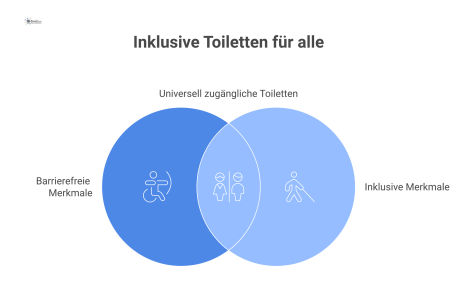 Infografik einer barrierefreien Unisex-Toilette mit Platz für Rollstühle, Stützgriffen, unterfahrbarem Waschbecken, Notrufleine und optischem Alarmsignal.