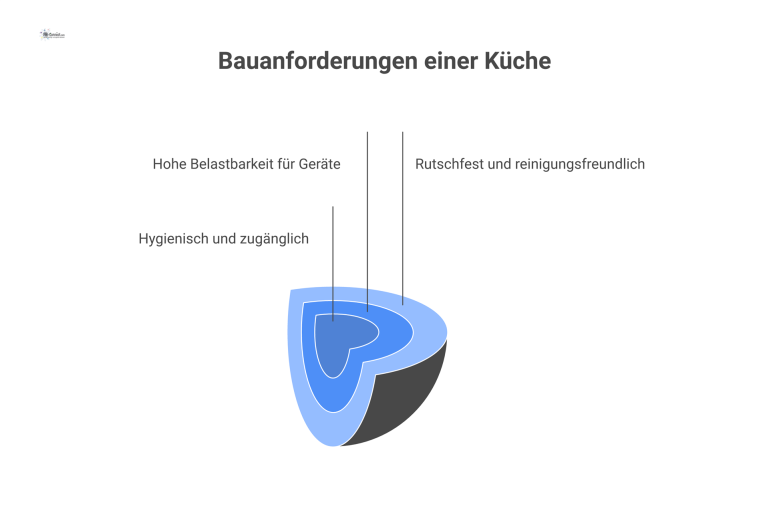 Infografik der Bauanforderungen für Küchen in drei Bereichen: Boden/Wände, Tragwerk und Entwässerung mit den dazugehörigen DIN-Normen.