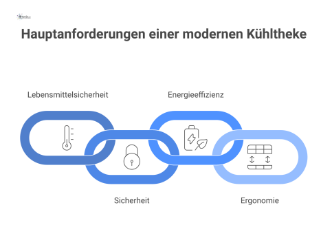 Infografik einer modernen, abschließbaren Kühltheke aus Edelstahl, die vier Hauptanforderungen mit Icons für Lebensmittelsicherheit, Sicherheit, Energieeffizienz und Ergonomie visualisiert. 