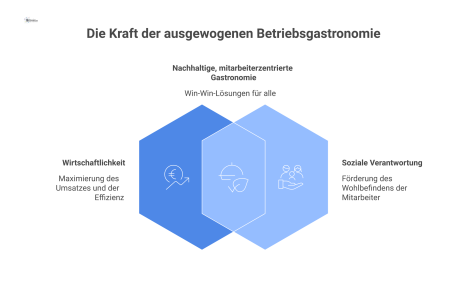  Infografik zur Zukunft der Betriebsgastronomie, die Upselling, digitale Tools und den Betriebsrat als Balance zwischen Wirtschaftlichkeit und Verantwortung zeigt.