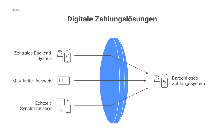 Bargeldloses Zahlungssystem für Mitarbeiter Diagramm eines zentralen, bargeldlosen Zahlungssystems, das Kassen, Automaten und Terminals für Mitarbeiter vernetzt, die mit einem Ausweis bezahlen