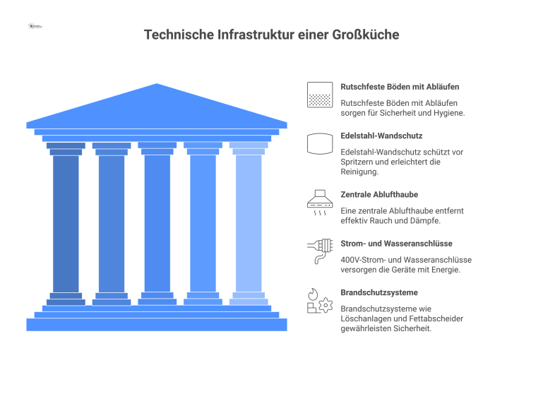 Isometrische Schnittzeichnung einer Großküche, die technische Infrastruktur wie Bodenabläufe, Ablufthaube, Stromanschlüsse, Wandschutz und Brandschutzsysteme zeigt. 