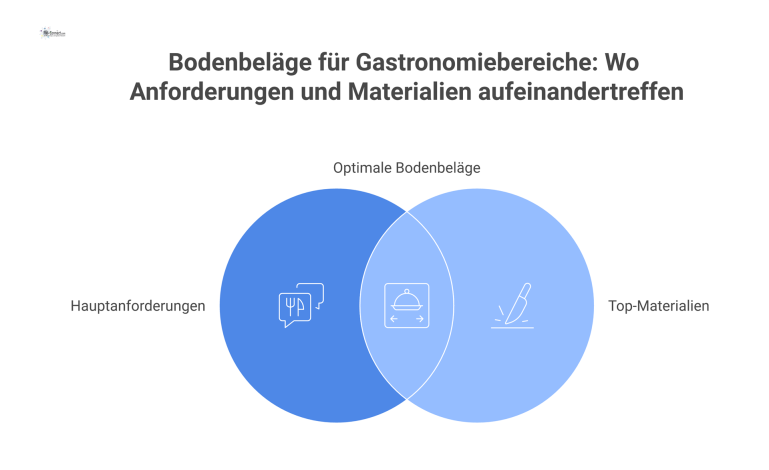 Matrix-Diagramm, das Bodenbeläge für vier Gastronomiebereiche vergleicht: Gästebereich (Ästhetik), Küche (Rutschhemmung), Lager (Belastbarkeit) und Speisenausgabe (Hygiene). 