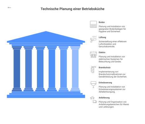 Ein Hub-and-Spoke-Diagramm zur Planung einer Betriebsküche mit zentralem Thema und Speichen für Boden, Lüftung, Elektro, Brandschutz und mehr. 