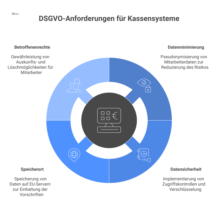 Mindmap: DSGVO-Anforderungen für Kassensysteme Mindmap mit einem zentralen Kassensystem, das die DSGVO-Anforderungen Datenminimierung, Datensicherheit, Speicherort in der EU und Betroffenenrechte veranschaulicht.
