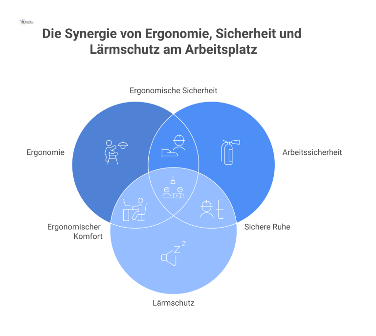 Infografik: Ergonomischer und sicherer Arbeitsplatz Infografik eines ergonomischen Arbeitsplatzes, die die Bereiche Ergonomie, Arbeitssicherheit und Lärmschutz mit Icons und Beschriftungen wie höhenverstellbare Flächen darstellt.