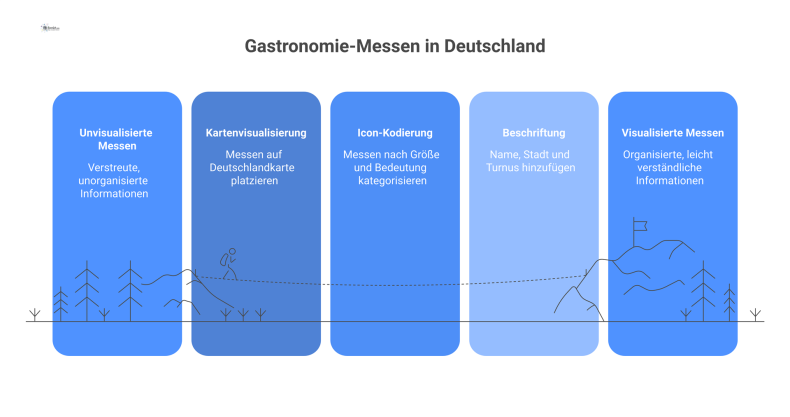 Karte der Gastronomie-Messen in Deutschland Infografik auf einer Deutschlandkarte, die die wichtigsten Gastronomie-Messen zeigt. Die Größe der Icons symbolisiert die Bedeutung der Messe