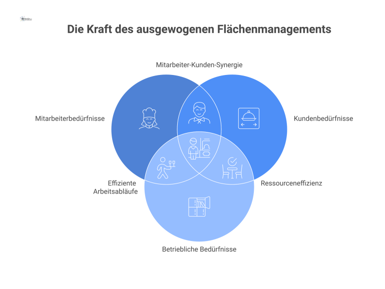 Effizientes Flächenmanagement in der Betriebsgastronomie Infografik zum Flächenmanagement in der Betriebsgastronomie, die optimierte Abläufe in Küche, Essbereich und Lager für mehr Produktivität darstellt.