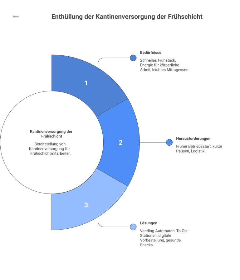 Eine dreispaltige Infografik zur Kantinenversorgung der Frühschicht, die Bedürfnisse, Herausforderungen und Lösungen mit klaren Icons gegenüberstellt. 