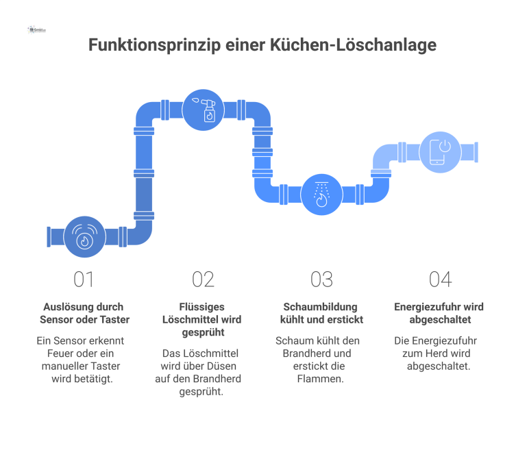 Sequenzdiagramm, das die Funktionsweise einer Küchen-Löschanlage zeigt: von der Auslösung durch Sensoren bis zur Brandbekämpfung und Energieabschaltung.