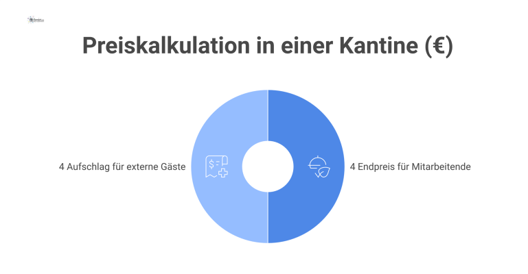Preiskalkulation in einer Kantine Infografik zur Preiskalkulation einer Kantine, die den subventionierten Preis für Mitarbeitende (4€) dem Preis für externe Gäste (8€) gegenüberstellt.