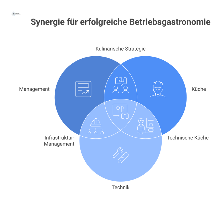 Diagramm zur Planung einer Betriebsgastronomie mit dem zentralen Knotenpunkt „Verpflegungskonzept“ und den verbundenen Fachbereichen wie Management und Küche.