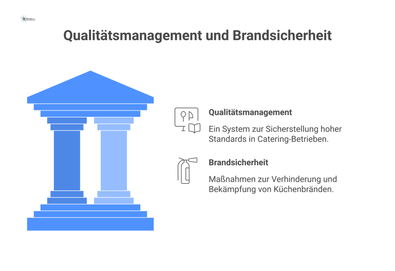Qualitätsmanagement und Brandsicherheit im Catering Infografik, die ein Qualitätsmanagementsystem im Catering mit den Säulen Qualitätspolitik, Prozesse und Audits sowie dem Bereich Brandsicherheit darstellt.