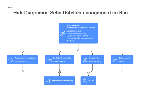 Ein Hub-Diagramm zum Schnittstellenmanagement im Bau, das die Koordination zwischen Generalunternehmer und Nutzer über technische und bauliche Schnittstellen darstellt. 