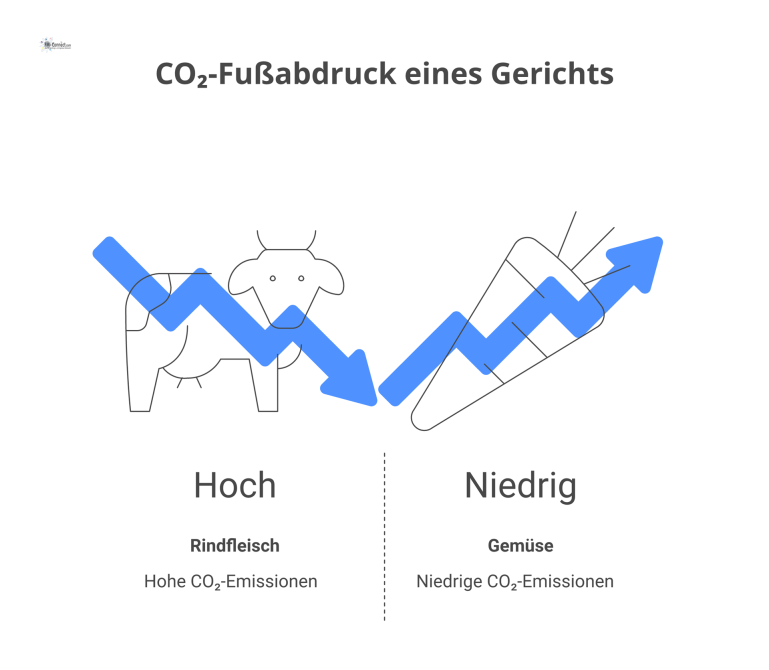  Infografik zum CO₂-Fußabdruck eines Gerichts, die die vier Faktoren Zutaten, Transport, Zubereitung und Abfall mit Icons visualisiert. 