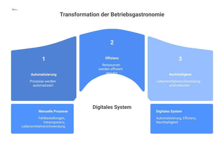  Infografik zur Transformation der Betriebsgastronomie: von manuellen Problemen wie Verschwendung zu digitalen Lösungen für mehr Nachhaltigkeit und Effizienz. 