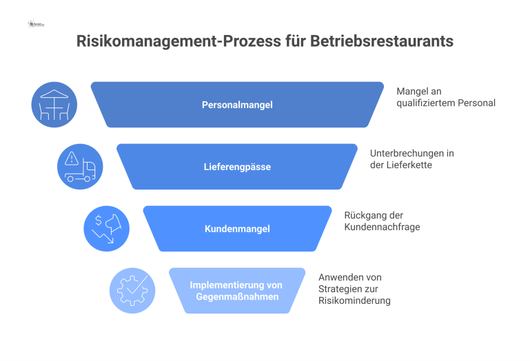 Diagramm zum Risikomanagement eines Betriebsrestaurants. Es zeigt Risiken wie Personalmangel, Lieferengpässe und Kundenmangel mit den entsprechenden Gegenmaßnahmen.