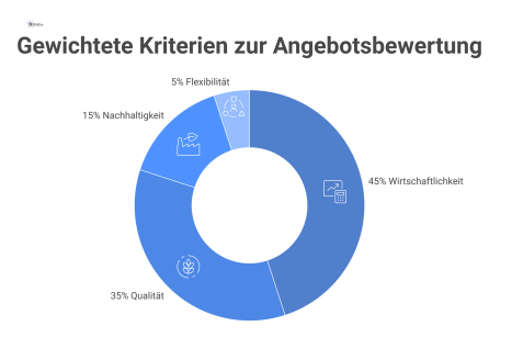 Diagramm, das die prozentuale Gewichtung der vier Kriterien Wirtschaftlichkeit, Qualität, Nachhaltigkeit und Flexibilität bei der Angebotsbewertung darstellt.