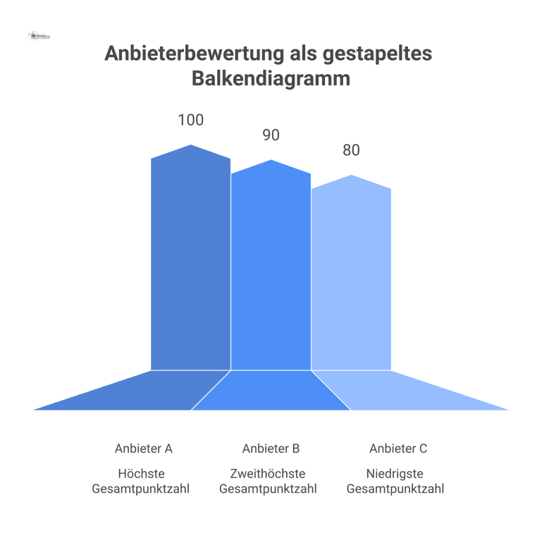 Anbieterbewertung als gestapeltes Balkendiagramm Gestapeltes Balkendiagramm, das die Gesamtbewertung der Anbieter A, B und C vergleicht. Anbieter A hat die höchste Gesamtpunktzahl.