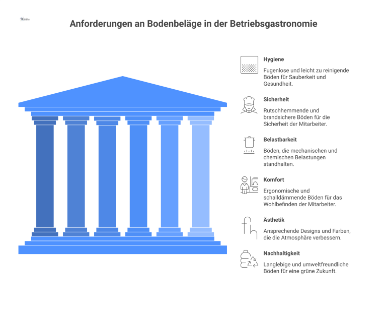 Infografik über die Anforderungen an Bodenbeläge in der Betriebsgastronomie, die sechs Kategorien mit Icons darstellt: Hygiene, Sicherheit, Belastbarkeit, Komfort, Ästhetik und Nachhaltigkeit.