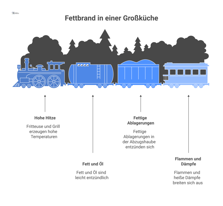 Brandrisiken und Fettbrand in einer Großküche Infografik, die mit Pfeilen die Kausalkette eines Fettbrandes in einer Großküche darstellt, von der Hitzequelle bis zur Abzugshaube.