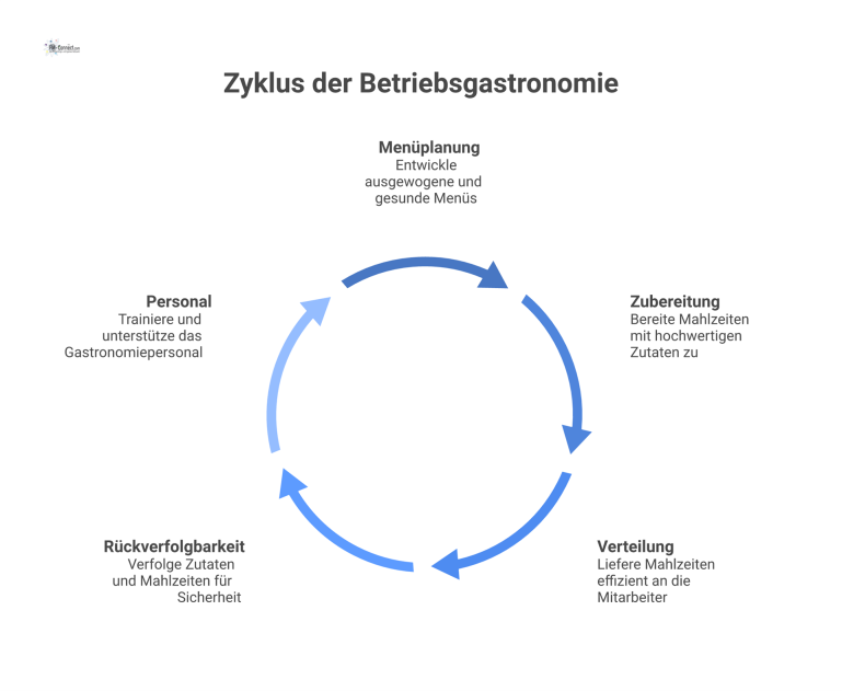 Prozessdiagramm Methodik der Betriebsgastronomie Prozessdiagramm, das die fünf Säulen der Betriebsgastronomie als logischen Fluss darstellt: Menüplanung, Zubereitung, Verteilung, Rückverfolgbarkeit und Personal.
