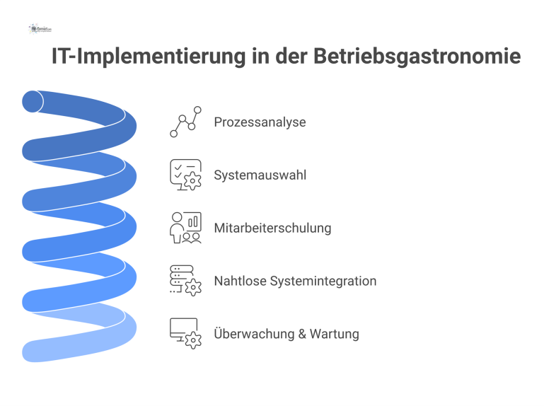 Flussdiagramm, das den Prozess der IT-Implementierung in fünf Phasen zeigt: Prozessanalyse, Systemauswahl, Mitarbeiterschulung, Systemintegration sowie Überwachung und Wartung. 