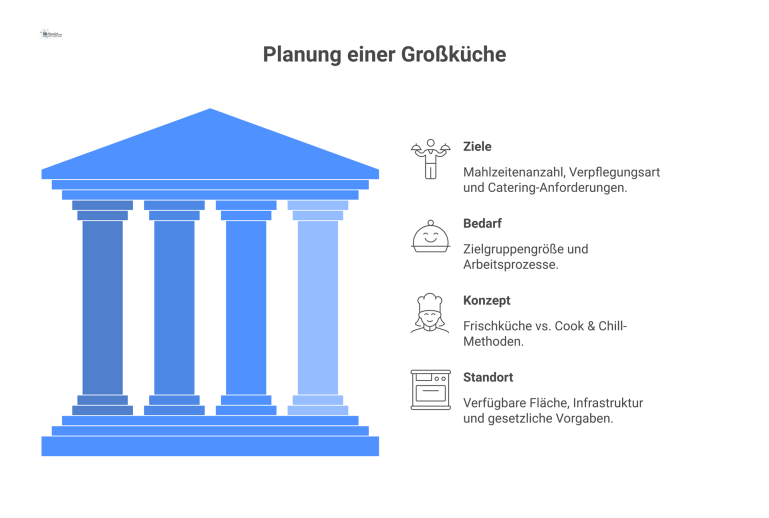 Diagramm, das die vier Hauptfaktoren der Großküchenplanung visualisiert: Ziele, Bedarf, Konzept und Standort, jeweils mit Icons und Beispielen. 