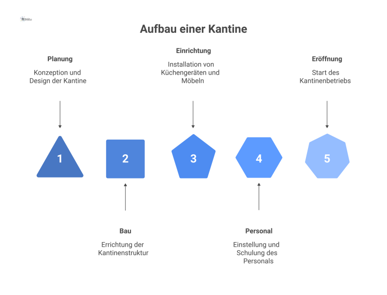 Zeitachse zum Aufbau einer Kantine Infografik als Zeitachse, die den stufenweisen Aufbau einer Kantine zeigt, mit wachsendem Angebot und Personal bei steigender Gästezahl.