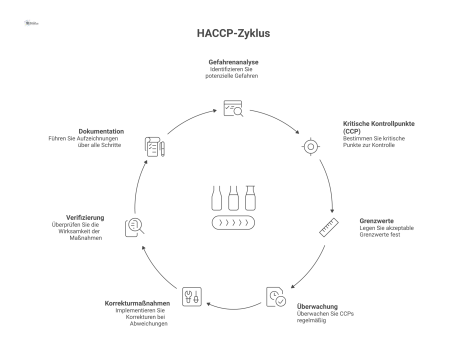 Ein Flussdiagramm zeigt die sieben Prinzipien des HACCP-Konzepts als sequenziellen Prozess, beginnend mit der Gefahrenanalyse bis zur Dokumentation.