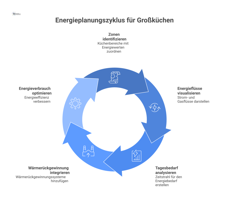 Energieplanung einer Großküche Infografik zur Energieplanung einer Großküche mit Zonen, Energieflüssen, einem Zeitstrahl für den Tagesbedarf und einem Wärmerückgewinnungssymbol.