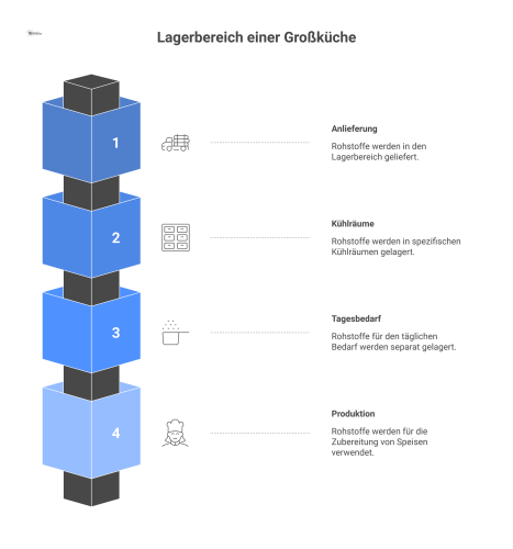  Layout-Diagramm des Lagerbereichs einer Großküche mit Versorgungsschiene, an der die Kühlräume und ein separates Tagesbedarfslager angeordnet sind.