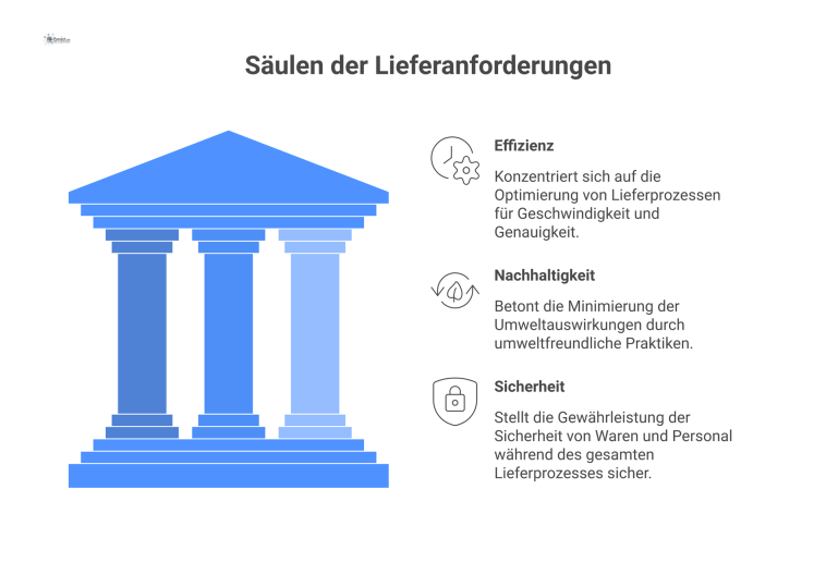 Infografik, die die drei Hauptsäulen der Lieferanforderungen zeigt: Effizienz, Nachhaltigkeit und Sicherheit, visualisiert mit passenden Icons. 