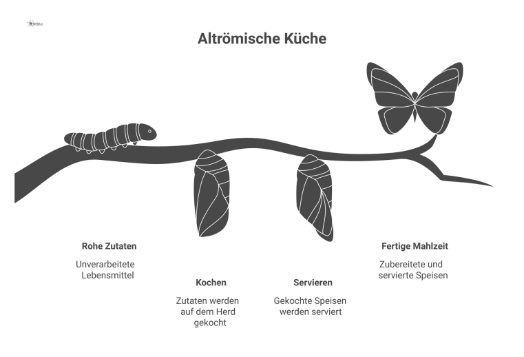 Altrömische Küche um 100 v. Chr. Eine rauchige, altrömische Küche mit einem hufeisenförmigen Herd aus Ziegeln, auf dem Tontöpfe über glühender Holzkohle kochen.