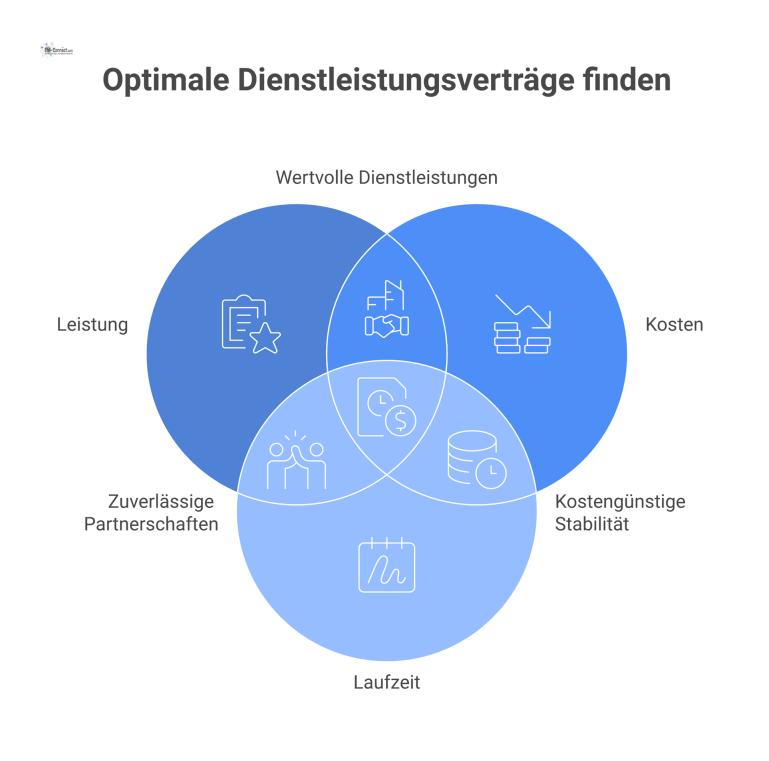 Vergleichende Analyse von Dienstleistungsverträgen Infografik-Dashboard, das fünf Dienstleistungsverträge vergleicht und Kosten, Leistung sowie Laufzeit auf einer Zeitachse mit Symbolen für Stärken und Schwächen darstellt.