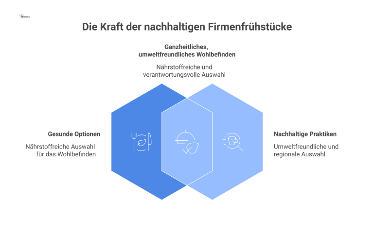  Infografik eines modernen, nachhaltigen Firmenfrühstück-Konzepts mit den Hauptkategorien Gesund, Klassisch, Warm, Vegan und den Prinzipien Flexibilität und Nachhaltigkeit. 