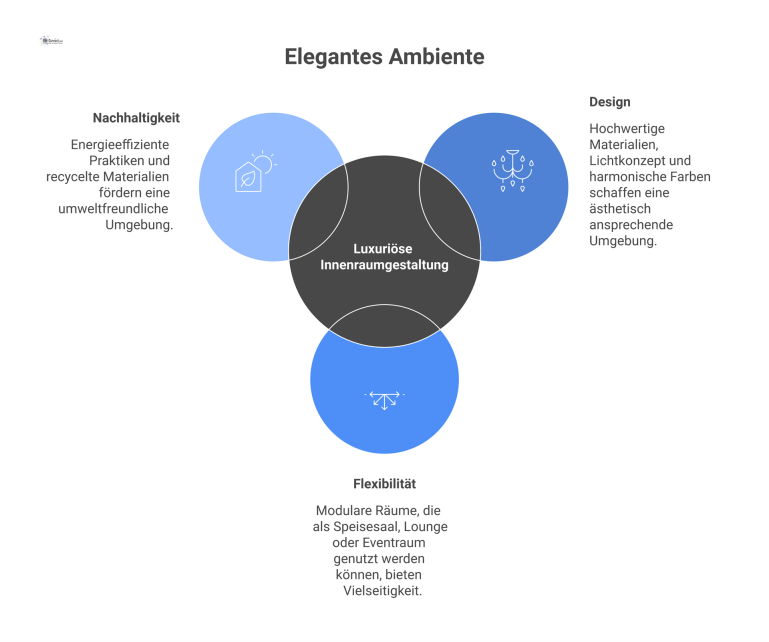 Mindmap zum Konzept Elegantes Ambiente Mindmap über luxuriöse Innenraumgestaltung mit den drei Hauptästen Design, Flexibilität und Nachhaltigkeit sowie deren jeweiligen Unterpunkten.