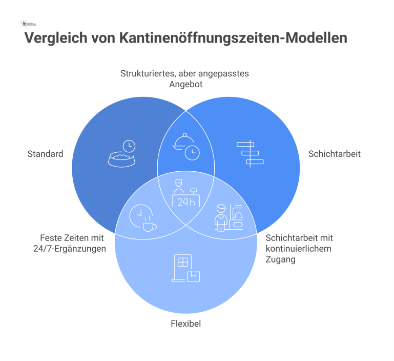 Infografik, die drei Modelle für Kantinenöffnungszeiten vergleicht: Standard, Schichtarbeit und ein flexibles Modell mit 24/7-Automaten und To-Go-Angeboten. 