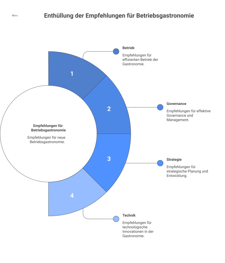 Übersicht der Empfehlungen für Betriebsgastronomie Infografik mit Empfehlungen für eine neue Betriebsgastronomie, aufgeteilt in vier Bereiche und farblich nach Dringlichkeit in hoch, mittel und niedrig sortiert.