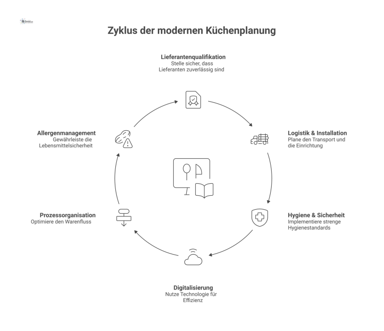 Planung einer modernen Großküche Diagramm zur ganzheitlichen Küchenplanung mit zentralem Knotenpunkt, der die Bereiche Lieferantenqualifikation, Logistik, Hygiene, Digitalisierung, Prozessorganisation und Allergenmanagement verbindet