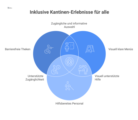 Infografik einer modernen, barrierefreien Kantinen-Essensausgabe mit zweistufiger Theke, kontrastreichen Menütafeln und assistierendem Personal für sehbehinderte Menschen. 