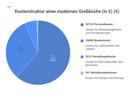 Kuchendiagramm, das die monatlichen Kostenanteile einer Großküche darstellt: Personal, Wareneinsatz, Verwaltung und Betriebsnebenkosten, mit 9,42€ Kosten pro Essen.